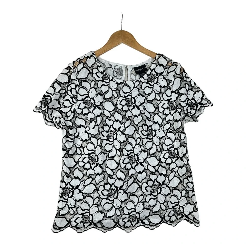 Liz Claiborne Career Floral‎ Print Short Sleeve Blouse size Medium Black/White